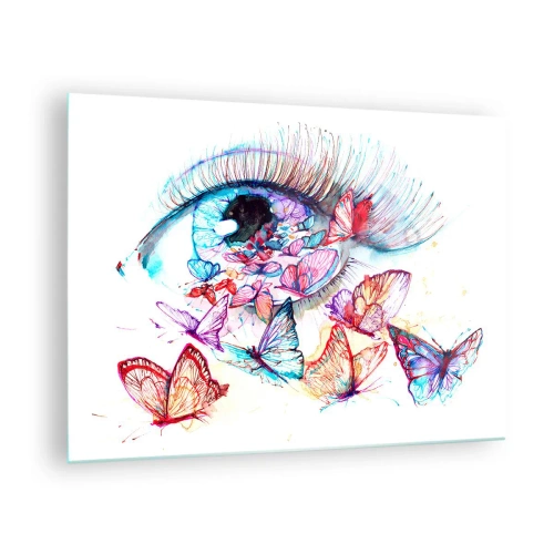 Glastavla - Bild på glas - En kvinnas öga omgiven av färgglada akvarellfjärilar - 70x50cm - Ögonens sagolika charm - Modern väggdekoration för vardagsrum och sovrum ARTTOR