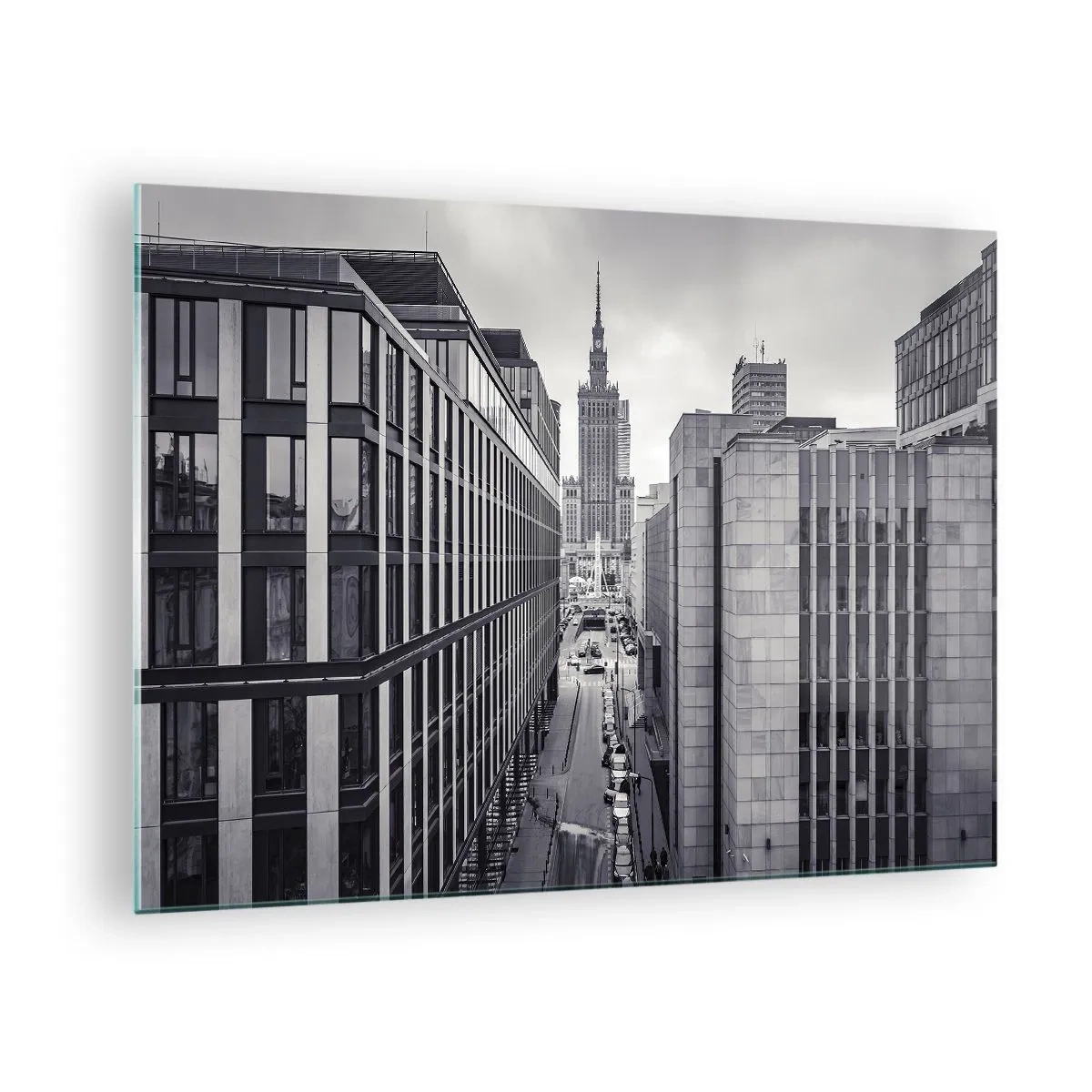 Glastavla - Bild på glas - Svartvit stadsvy med skyskrapor och en gata - 70x50cm - Warszawadalen - Modern väggdekoration för vardagsrum och sovrum ARTTOR