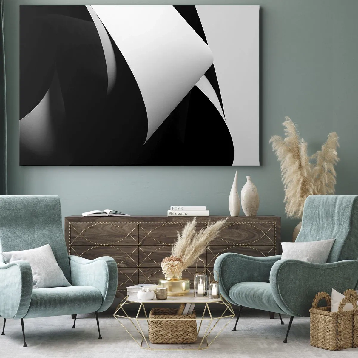 Canvastavla - Bild på duk - Abstrakta former i svartvitt med slående kontraster - 70x50cm - Ljusplan från skuggornas djup - Modern väggdekoration för vardagsrum och sovrum ARTTOR