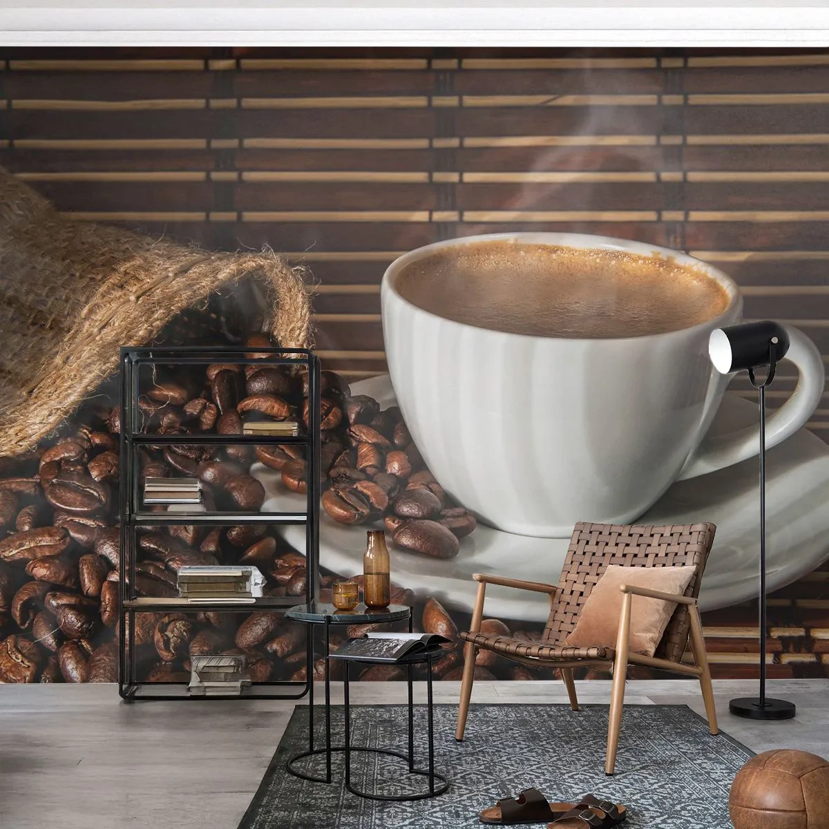 Självhäftande Fototapet Deluxe Sticker - Kolets svärta, bärnstenens transparens - Gastronomi, Kaffe, kopp kaffe - 300x210 cm