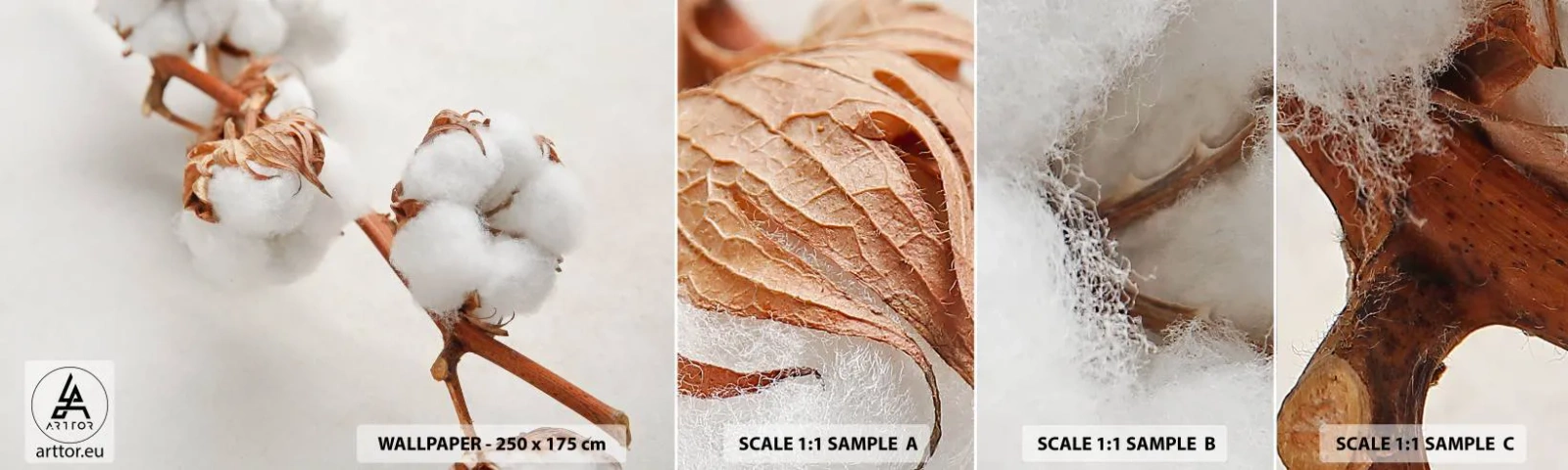 Provbit av självhäftande fototapet Deluxe Sticker - Krama om - Bomullsblomma, Blomma, Bomullskvist - 100x30 cm