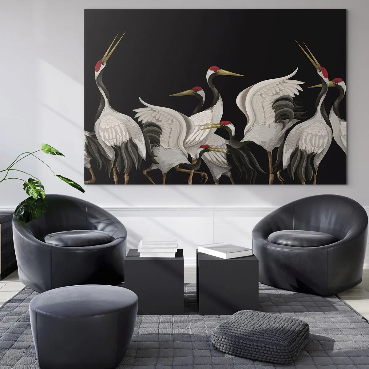 Glastavla - Bild på glas - Vita tranor med röda huvuden på svart bakgrund - 70x50cm - Fågelärenden - Modern väggdekoration för vardagsrum och sovrum ARTTOR