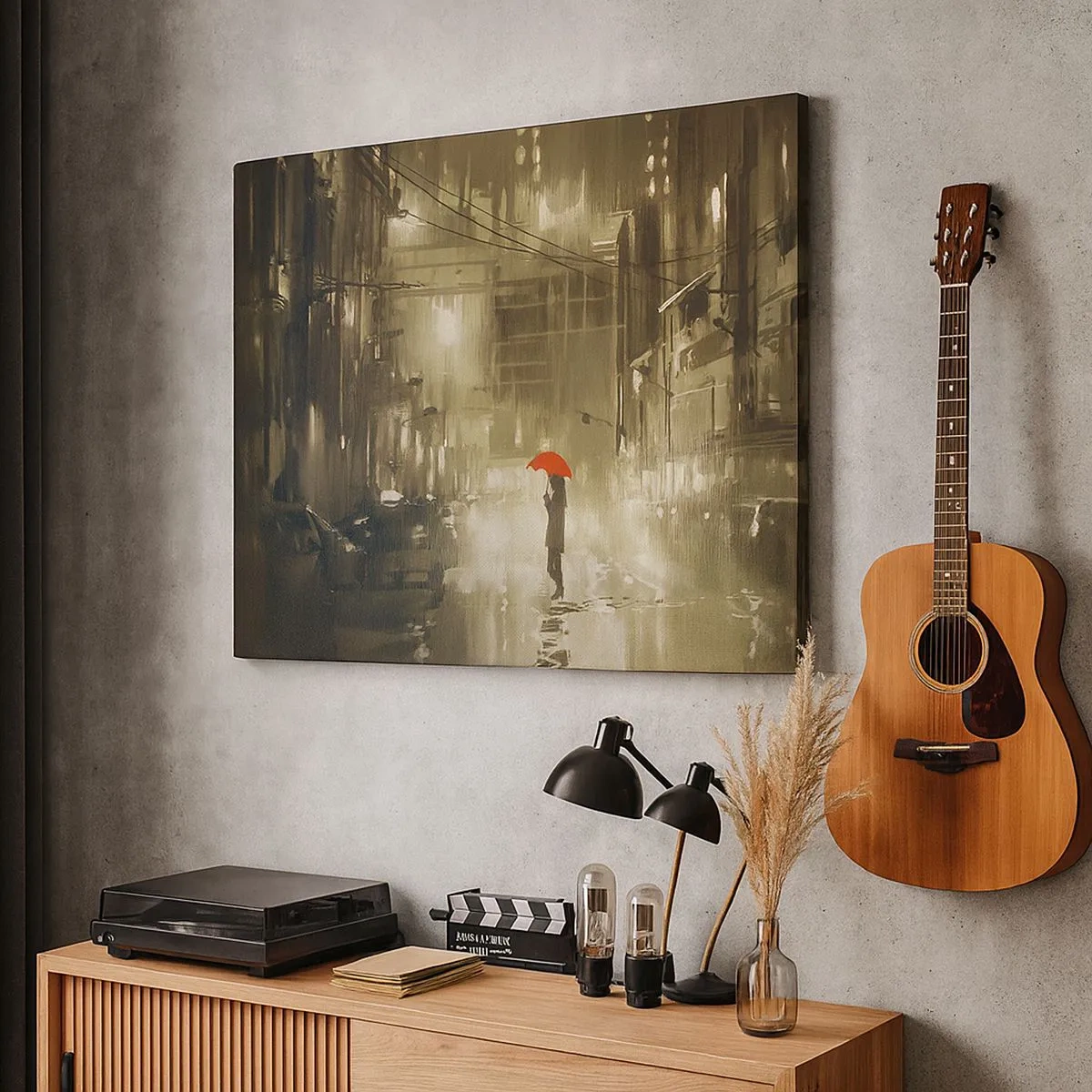 Canvastavla - Bild på duk - En figur med ett rött paraply i en regnig stad - 70x50cm - Själv, men inte ensam - Modern väggdekoration för vardagsrum och sovrum ARTTOR