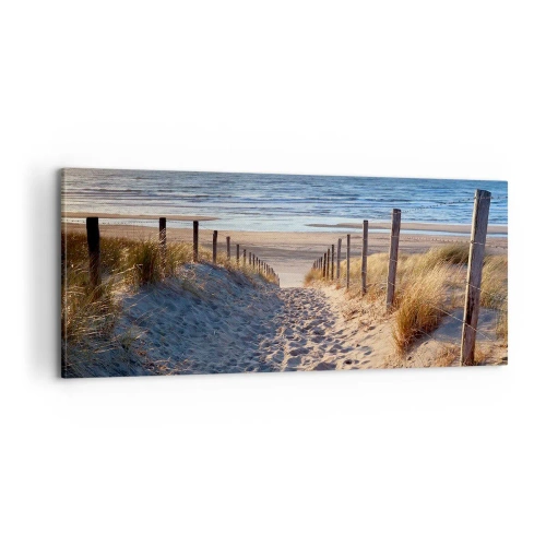 Canvastavla - Bild på duk - Havets brus, fågelsång, tom strand bland träden - 100x40 cm