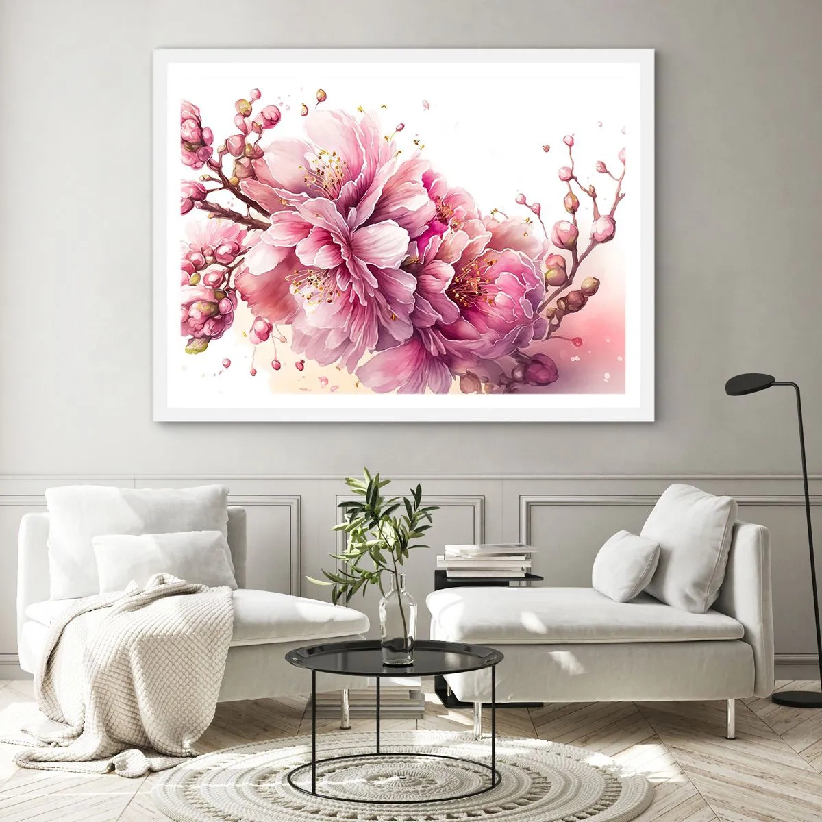 Affisch i vit ram - Blommande körsbärsblomma - 70x50 cm