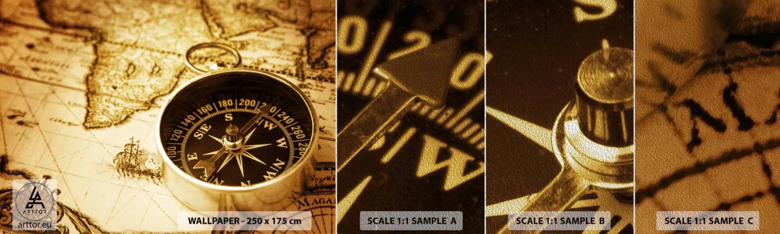 Provbit av fototapet Premium Sand - Västerut eller österut? - Resor, Världskartor, Kompass - 100x30 cm