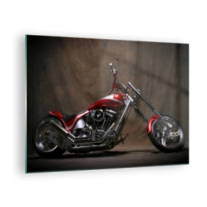 Glastavla - Bild på glas - Röd specialbyggd motorcykel på en mörk bakgrund - 70x50cm - Röd-silver skönhet - Modern väggdekoration för vardagsrum och sovrum ARTTOR