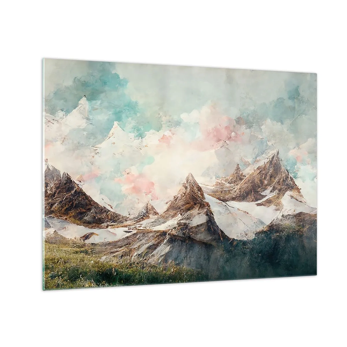 Glastavla - Bild på glas - Pittoreska bergstoppar med pastellfärgad himmel - 70x50cm - Steniga blad - Modern väggdekoration för vardagsrum och sovrum ARTTOR