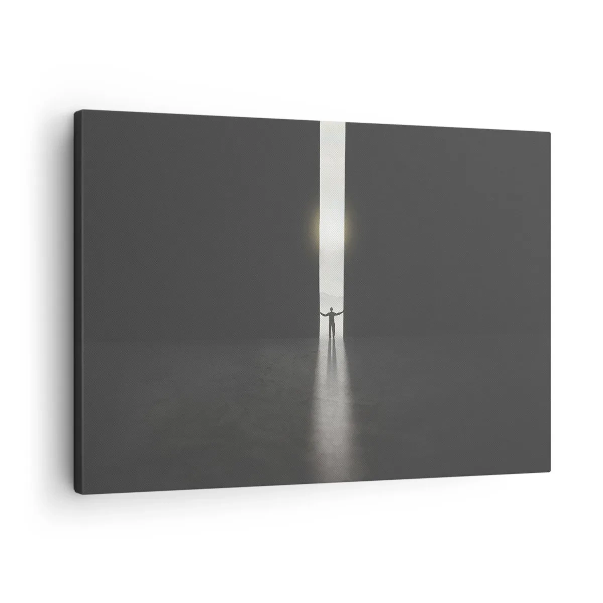 Canvastavla - Bild på duk - En man som står i ljuset av en smal springa i ett mörkt utrymme - 70x50cm - Ett steg mot den ljusa framtiden - Modern väggdekoration för vardagsrum och sovrum ARTTOR