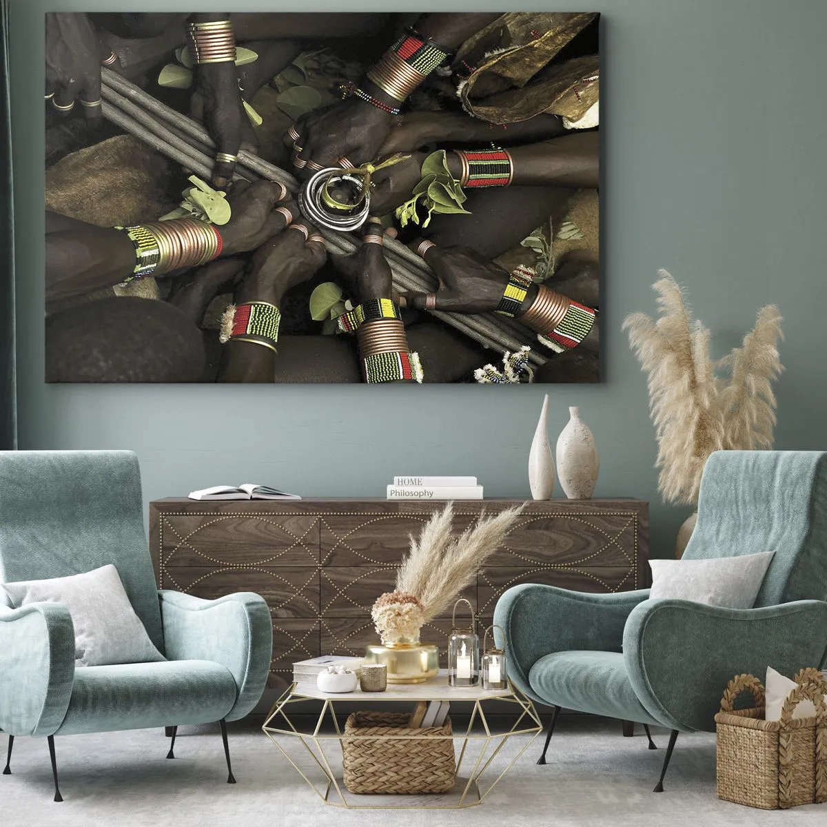 Canvastavla - Bild på duk - Traditionella handarmband i en grupp av händer - 70x50cm - Vi är tillsammans - Modern väggdekoration för vardagsrum och sovrum ARTTOR