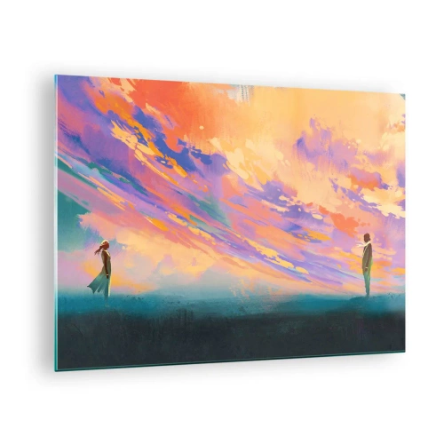Glastavla - Bild på glas - Två personer mot bakgrund av en färgglad solnedgångshimmel - 70x50cm - Dragkraft - Modern väggdekoration för vardagsrum och sovrum ARTTOR