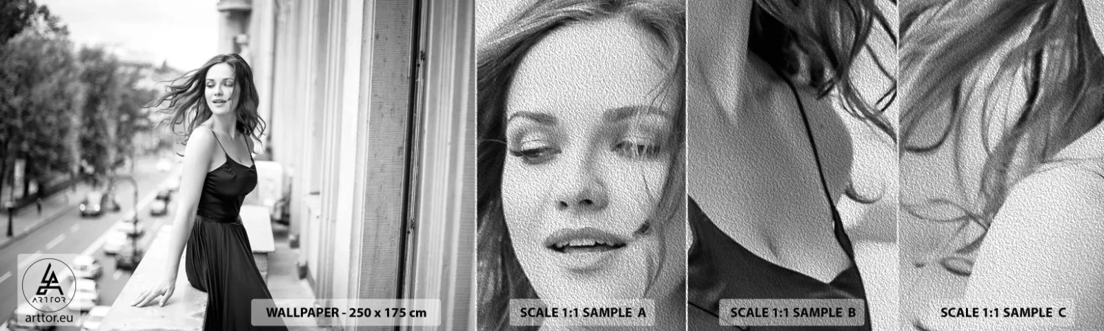 Provbit av fototapet Premium Sand - Säkert en Parisbo - Kvinna, Stad, Arkitektur - 100x30 cm