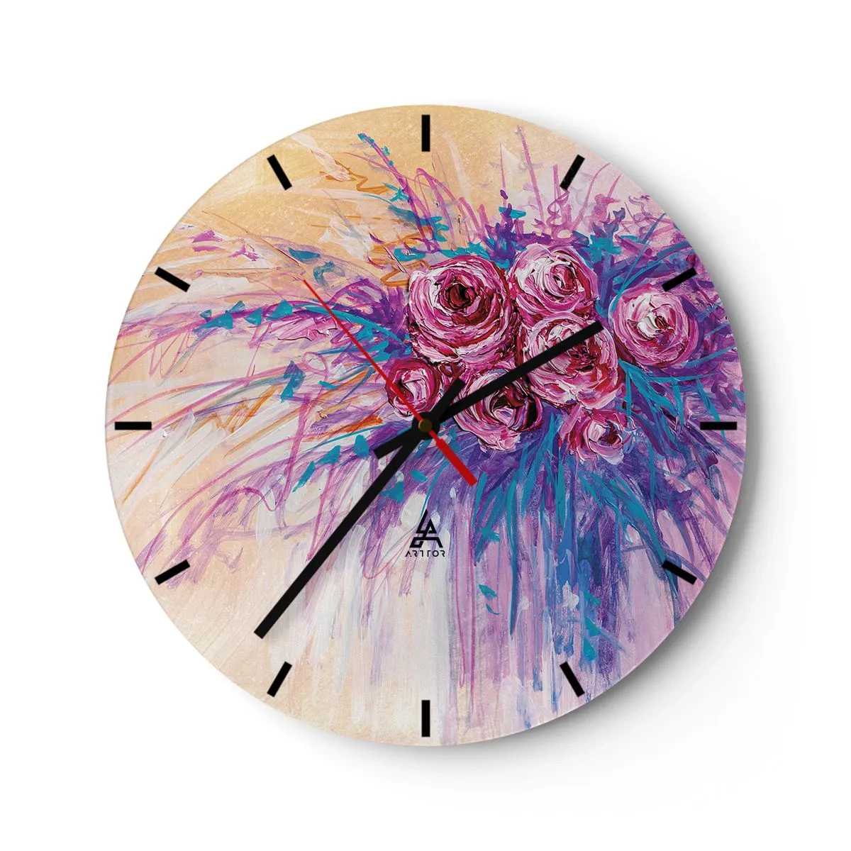 Väggklocka - Klocka på glas - Abstrakt rosbukett i konstnärlig stil - 30x30cm - Rosfontän - Modern väggdekoration för vardagsrum, kök och sovrum ARTTOR
