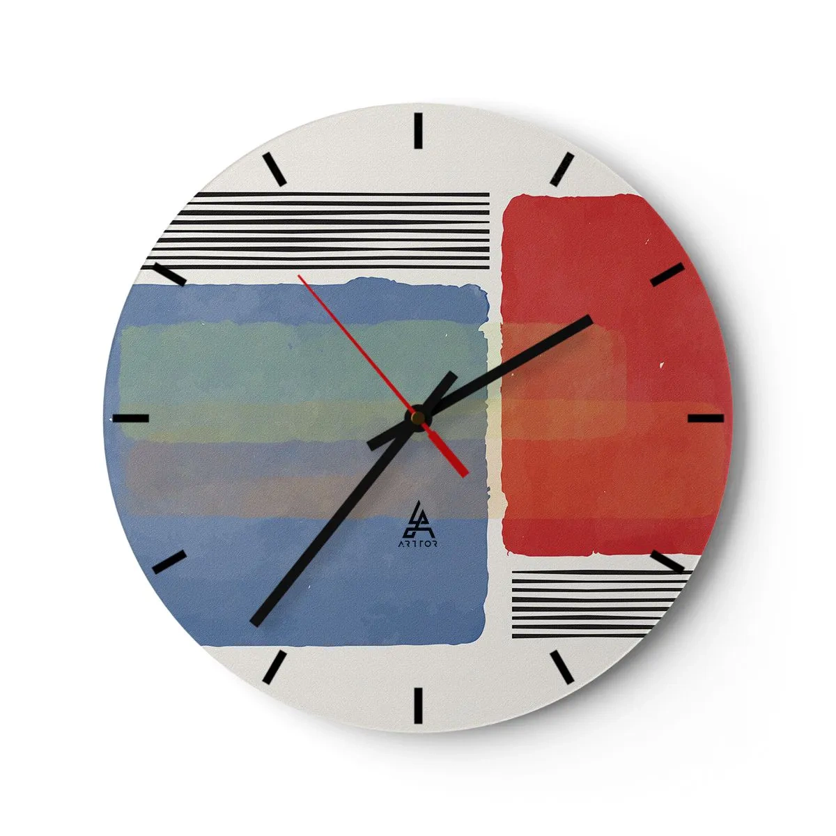 Väggklocka - Klocka på glas - Färgglada abstrakta rektanglar och linjer på en ljus bakgrund - 30x30cm - Geometrins anda  - Modern väggdekoration för vardagsrum, kök och sovrum ARTTOR