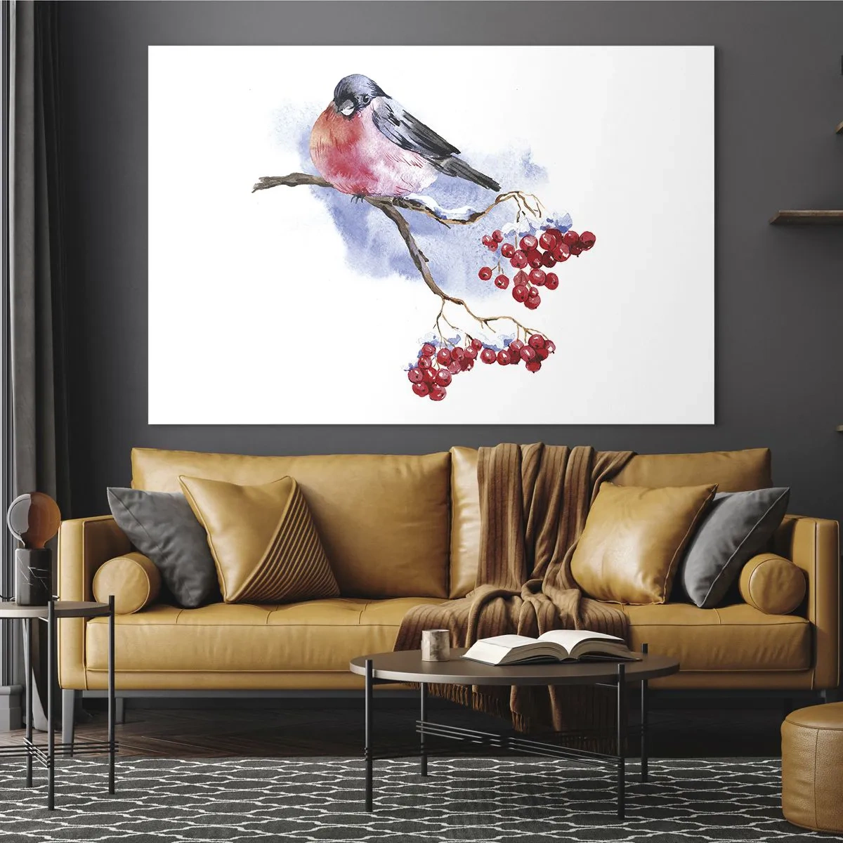 Glastavla - Bild på glas - En fågel på en rönngren - 70x50cm - Vinter i färger - Modern väggdekoration för vardagsrum och sovrum ARTTOR