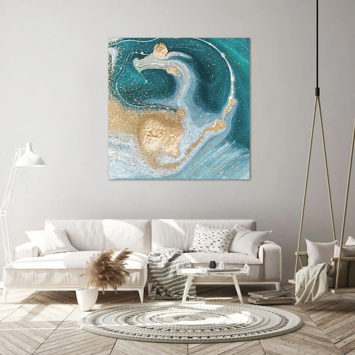 Canvastavla - Bild på duk - Guld- och turkosvirvel - 60x60 cm