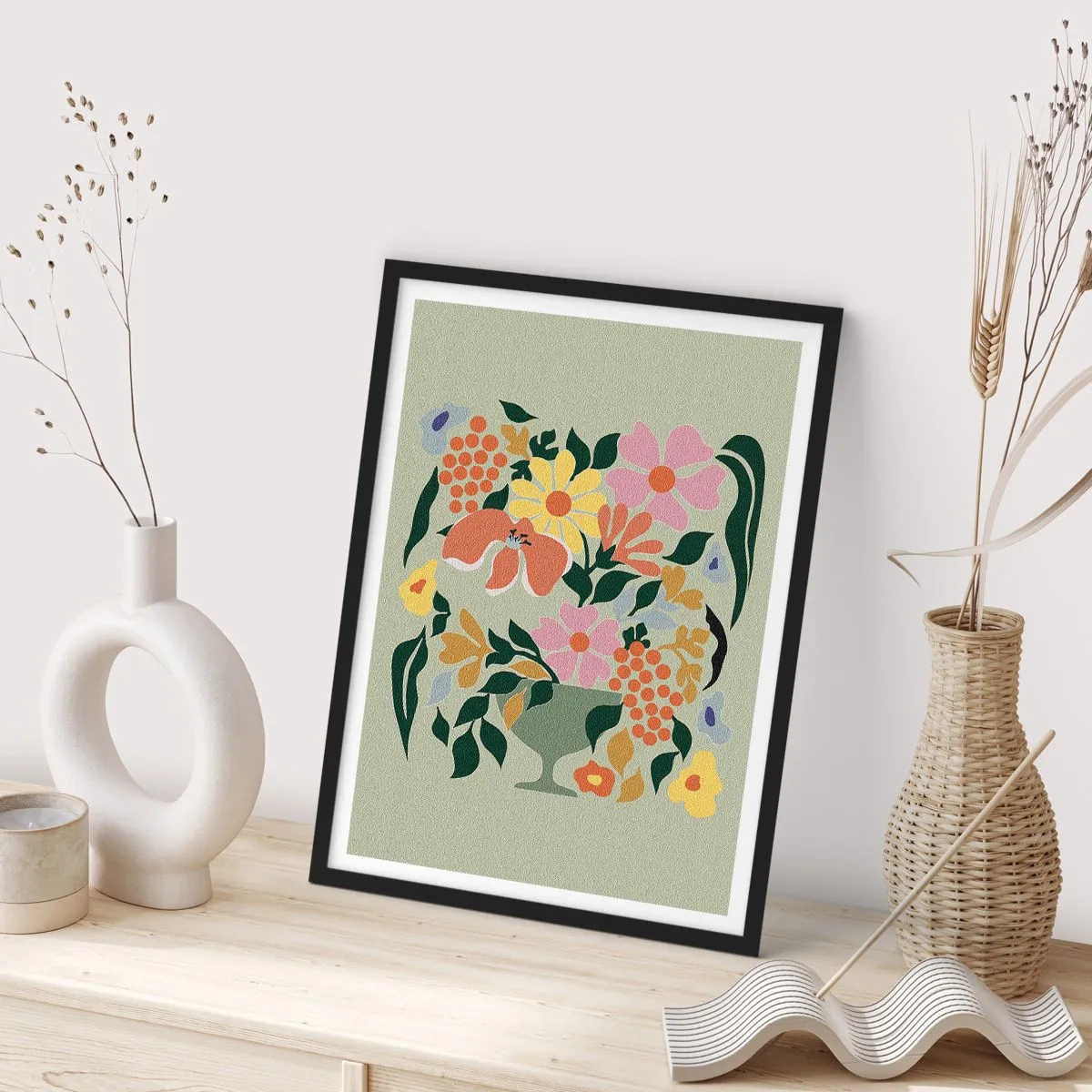 Affisch i svart ram - Ett färgglatt blomsterarrangemang i en dekorativ vas på en grön bakgrund - 50x70cm - En bukett full av liv - Modern väggdekoration för vardagsrum och sovrum ARTTOR