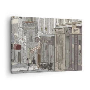 Canvastavla - Bild på duk - Illustration av en stadsgata med kaféer och butiker - 70x50cm - Stadens nöjen - Modern väggdekoration för vardagsrum och sovrum ARTTOR