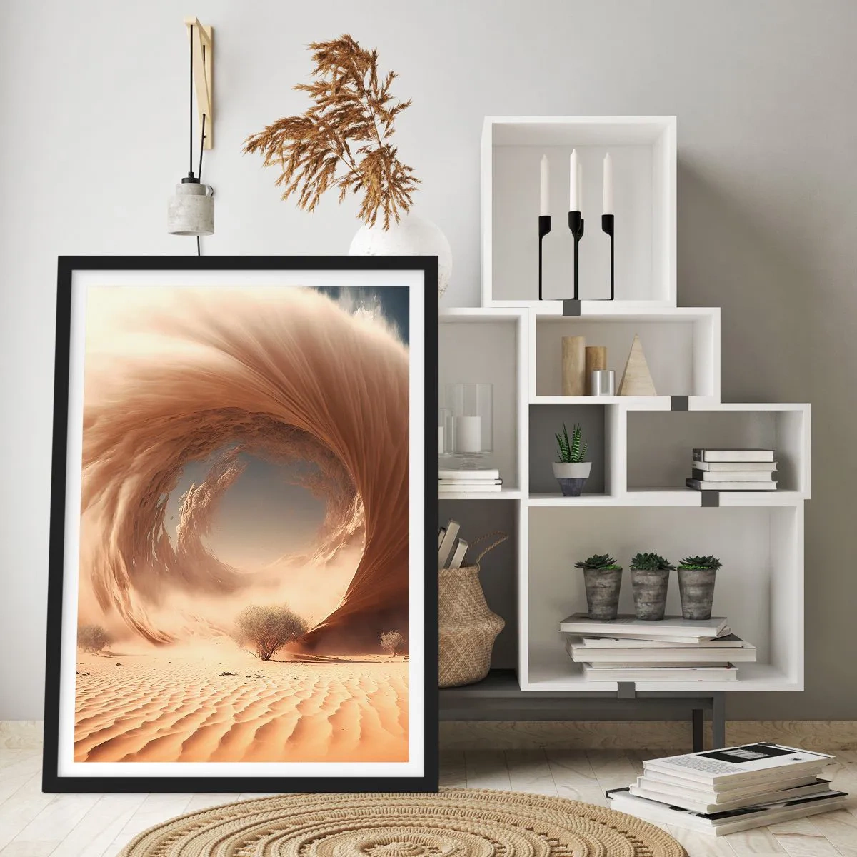Affisch i svart ram - En fenomenal sandvirvel i öknen - 50x70cm - Öppen portal - Modern väggdekoration för vardagsrum och sovrum ARTTOR