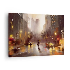 Canvastavla - Bild på duk - En stadsbild på natten i ljuset från gatlyktor och reflektioner på en våt gata. - 70x50cm - I New Yorks ljus - Modern väggdekoration för vardagsrum och sovrum ARTTOR