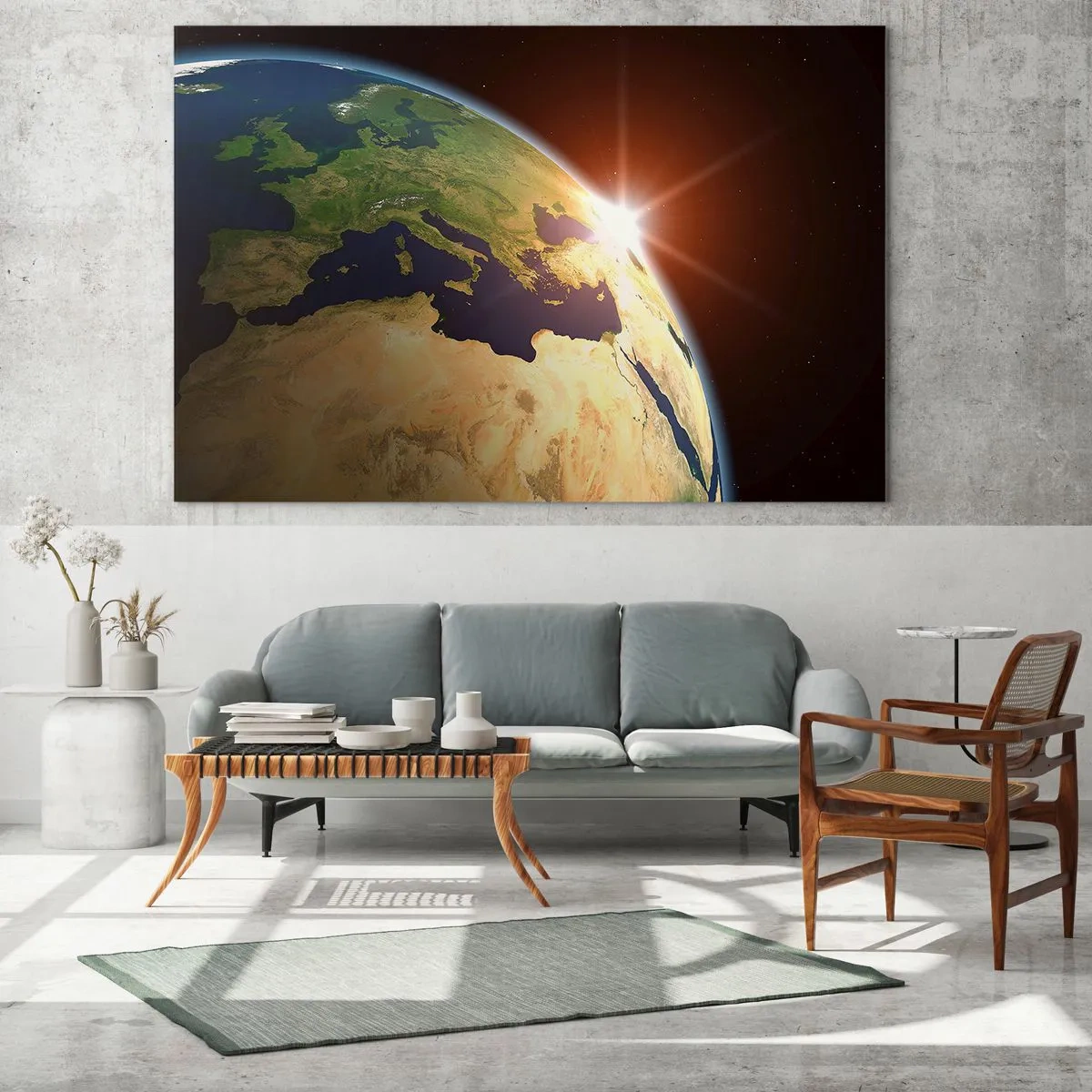 Glastavla - Bild på glas - Jorden upplyst av den stigande solen från rymden - 70x50cm - Soluppgång - Modern väggdekoration för vardagsrum och sovrum ARTTOR