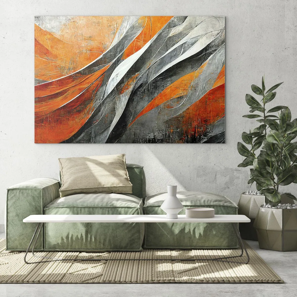Glastavla - Bild på glas - Abstrakta streck i nyanser av orange och grått - 70x50cm - Värme och kyla - Modern väggdekoration för vardagsrum och sovrum ARTTOR