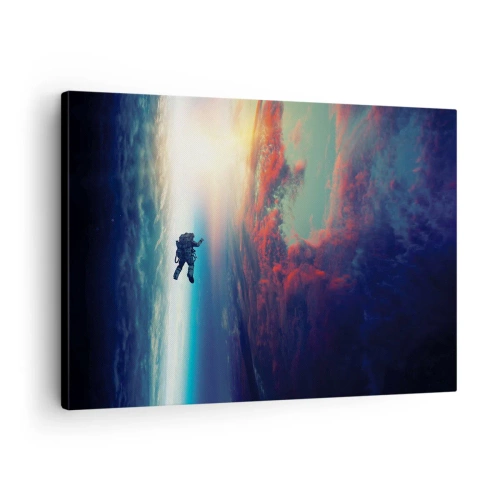 Canvastavla - Bild på duk - En astronaut som svävar i rymden ovanför en färgglad jord - 70x50cm - Stå emot universumet - Modern väggdekoration för vardagsrum och sovrum ARTTOR