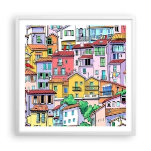 Affisch i vit ram - Gladlynt stad - 60x60 cm