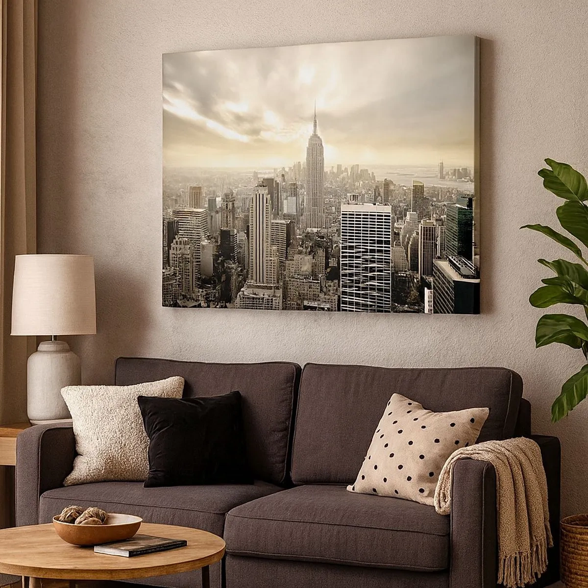 Canvastavla - Bild på duk - Panorama över staden med utsikt över Empire State Building - 70x50cm - New York i grånyanser - Modern väggdekoration för vardagsrum och sovrum ARTTOR