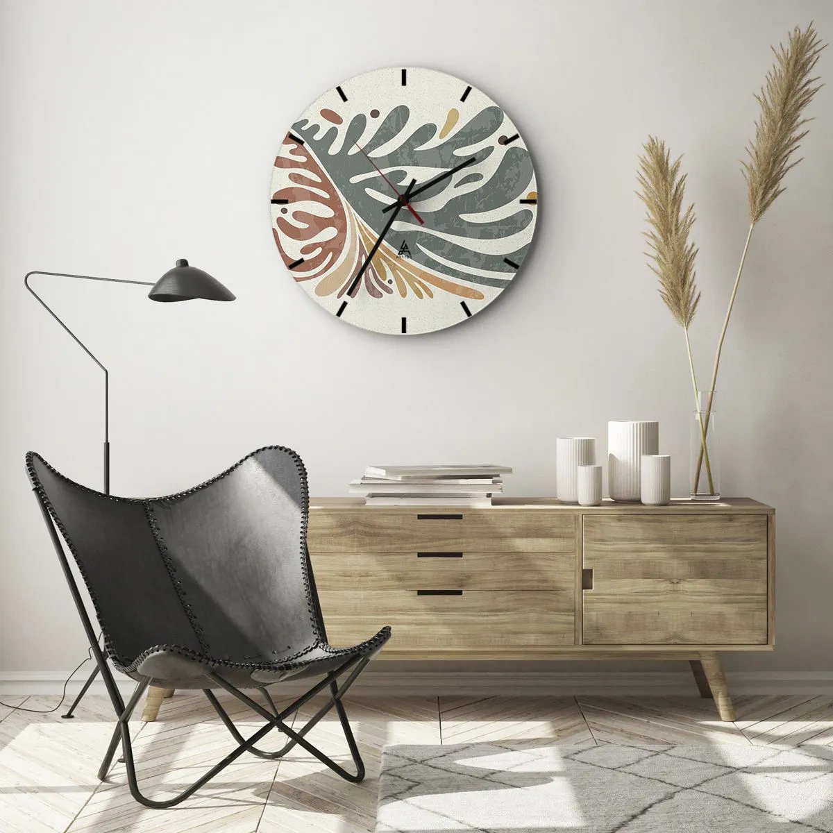 Väggklocka - Klocka på glas - Organiska former i nyanser av grönt och rost - 30x30cm - Flerfärgat blad - Modern väggdekoration för vardagsrum, kök och sovrum ARTTOR