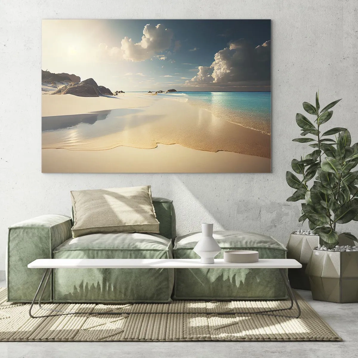 Glastavla - Bild på glas - Gyllene strand och turkost hav i morgonsolens ljus - 70x50cm - En drömlik dag - Modern väggdekoration för vardagsrum och sovrum ARTTOR