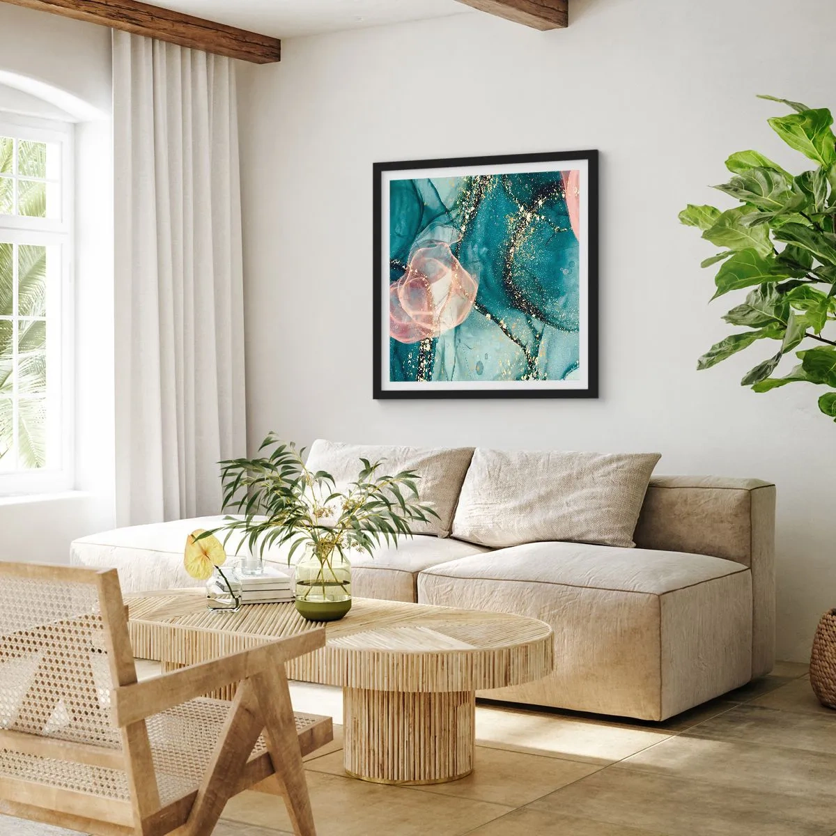 Affisch i svart ram - Sidenblå, tyllrosa - 60x60 cm