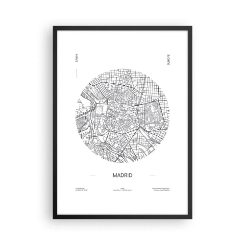 Affisch i svart ram - En minimalistisk karta över Madrid i svartvitt. - 50x70cm - Madrids anatomi - Modern väggdekoration för vardagsrum och sovrum ARTTOR