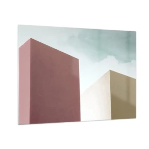 Glastavla - Bild på glas - Geometriska byggnader i pastellfärger - 70x50cm - Geometri av en solig sommar - Modern väggdekoration för vardagsrum och sovrum ARTTOR