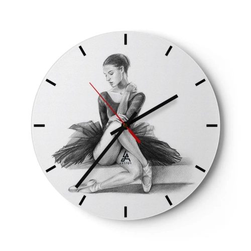 Väggklocka - Klocka på glas - Skiss av en ballerina i en klassisk pose - 30x30cm - Förtrollad av dansen - Modern väggdekoration för vardagsrum, kök och sovrum ARTTOR