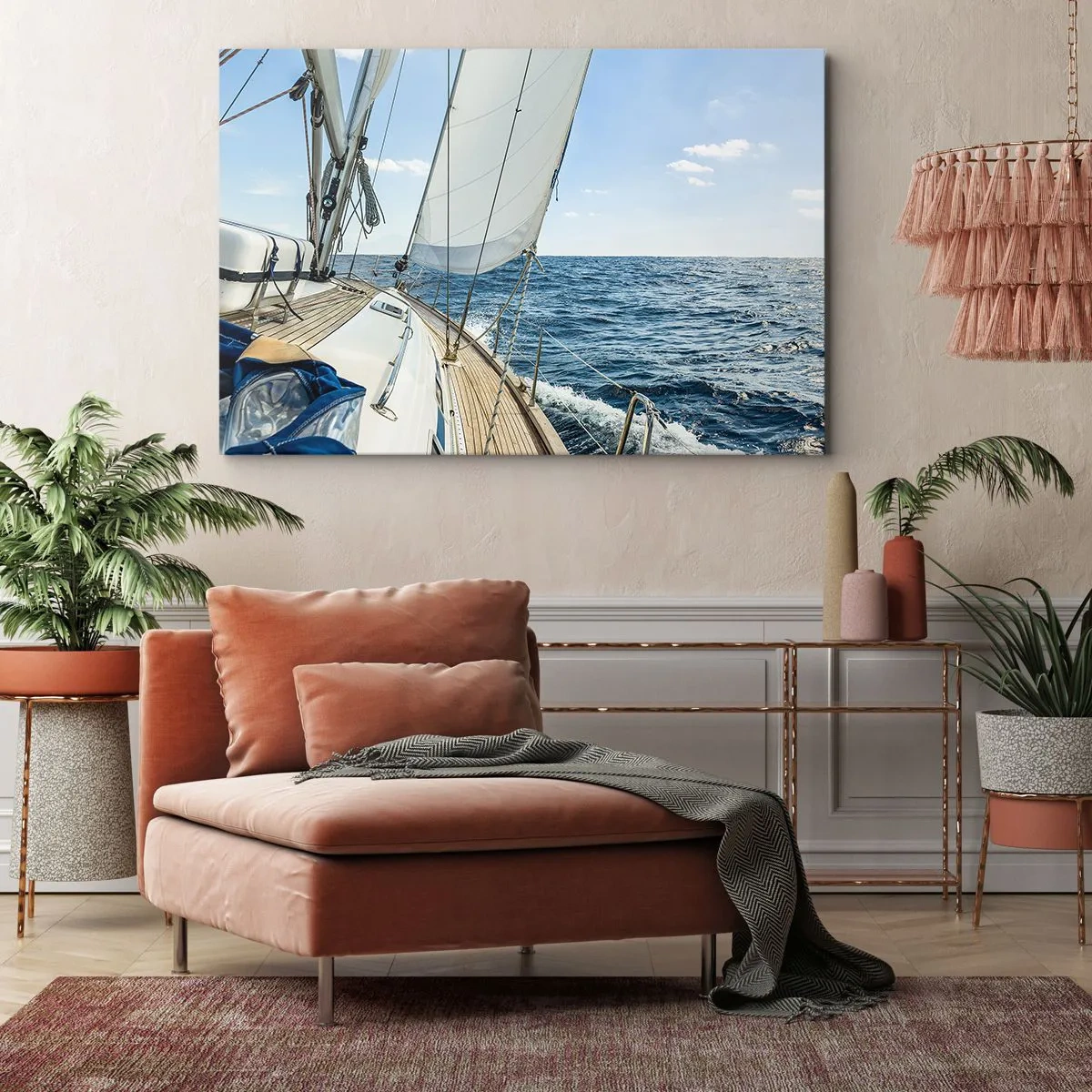 Canvastavla - Bild på duk - En segelbåt på ett lugnt hav under en blå himmel - 70x50cm - Heja äventyret - Modern väggdekoration för vardagsrum och sovrum ARTTOR
