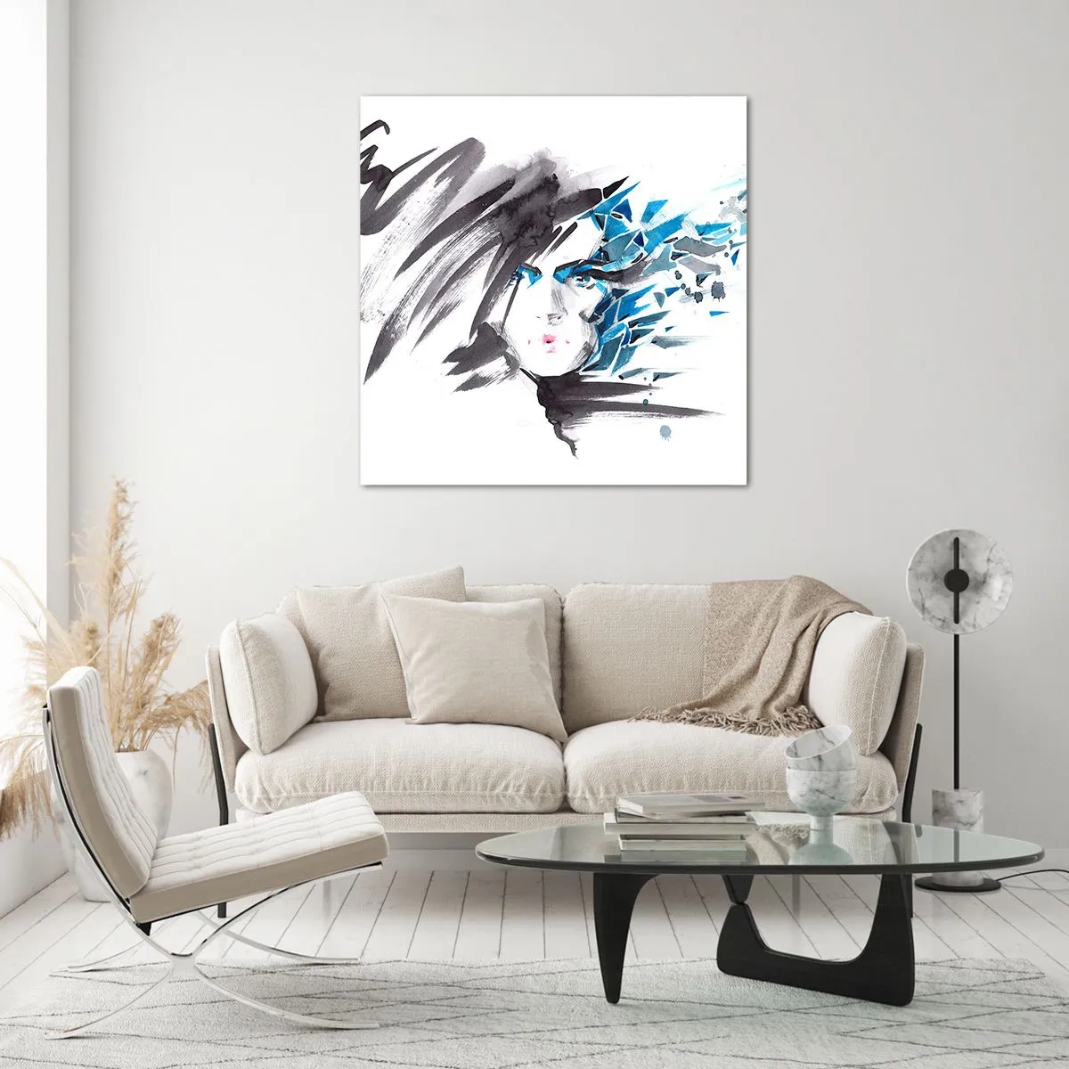 Glastavla - Bild på glas - Sensuell porträtt i grått och blått - 40x40 cm