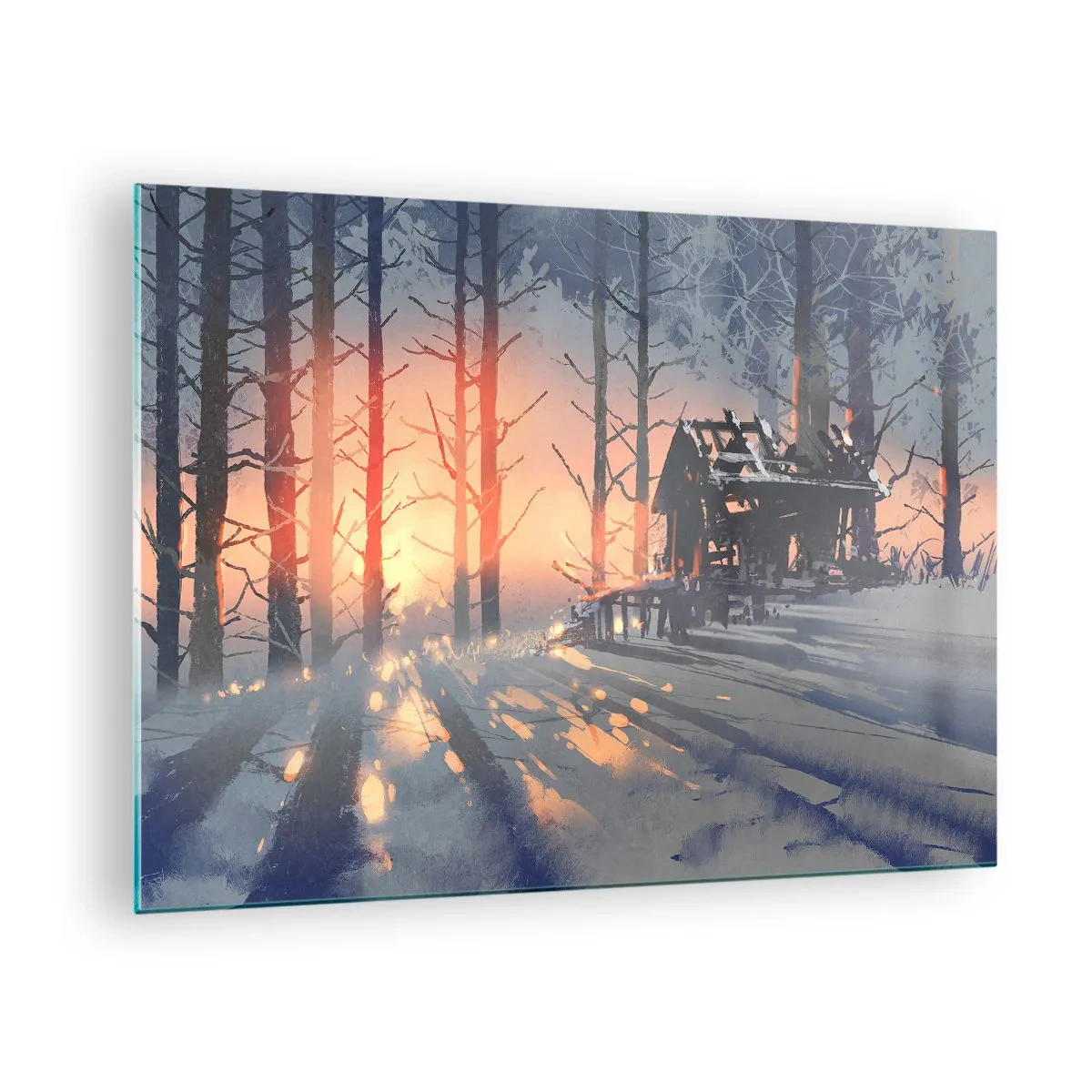 Glastavla - Bild på glas - Vinterskog vid solnedgången med en stuga i bakgrunden - 70x50cm - det är bara solen som tittar in här - Modern väggdekoration för vardagsrum och sovrum ARTTOR