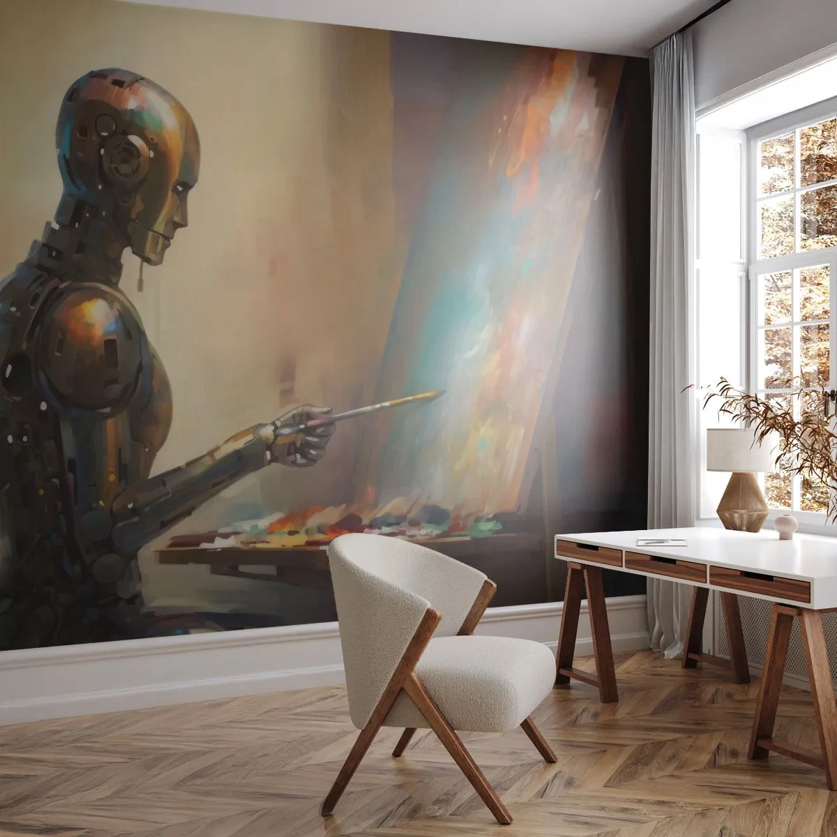 Självhäftande Fototapet Deluxe Sticker - Framtidens konst - Målning, Robot, Borsta - 100x70 cm