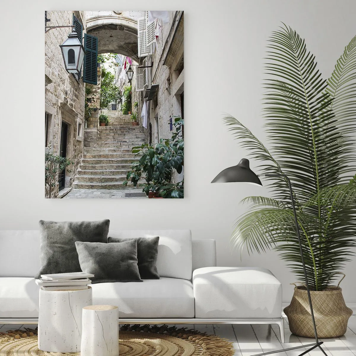 Glastavla - Bild på glas - Charmig gränd - 70x100 cm