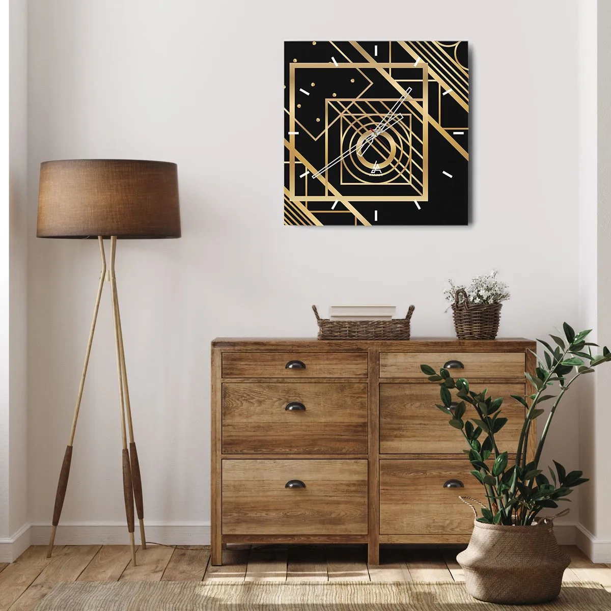 Väggklocka - Klocka på glas - Gyllene geometri - 30x30 cm
