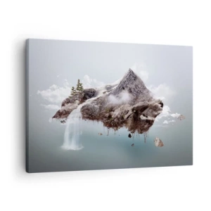 Canvastavla - Bild på duk - Ett surrealistiskt berg som svävar i molnen med ett vattenfall - 70x50cm - Med surrealistens öga - Modern väggdekoration för vardagsrum och sovrum ARTTOR