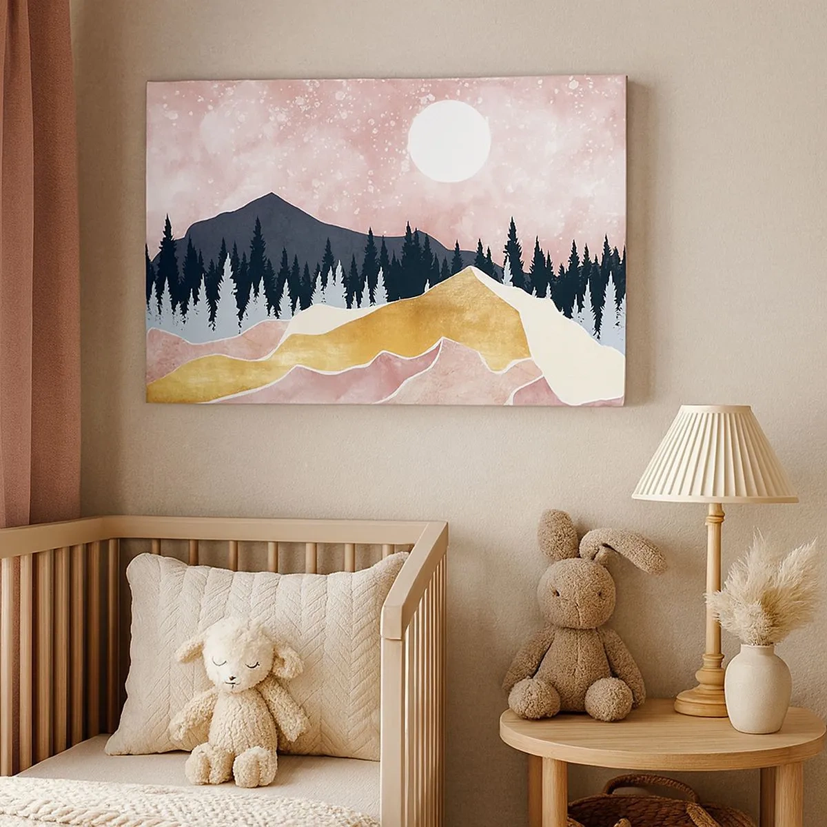 Canvastavla - Bild på duk - Färgglada berg mot en rosa himmel med en måne - 70x50cm - Nattvakt - Modern väggdekoration för vardagsrum och sovrum ARTTOR
