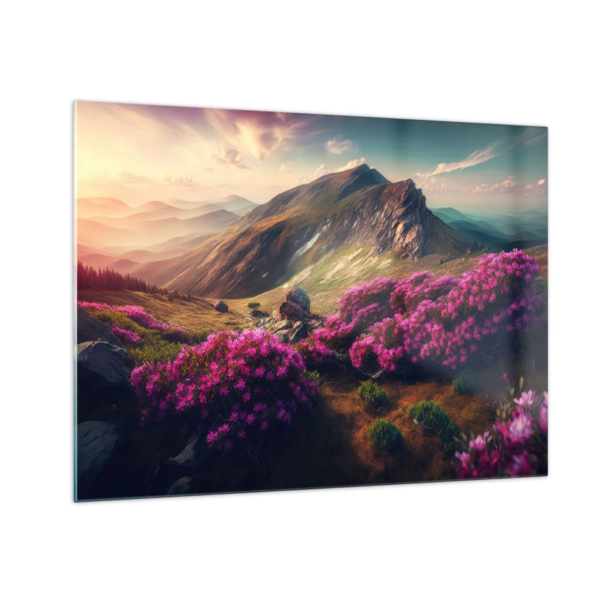 Glastavla - Bild på glas - Sommarbergslandskap med blommande rosa ljung - 70x50cm - Sommar i fjällen - Modern väggdekoration för vardagsrum och sovrum ARTTOR