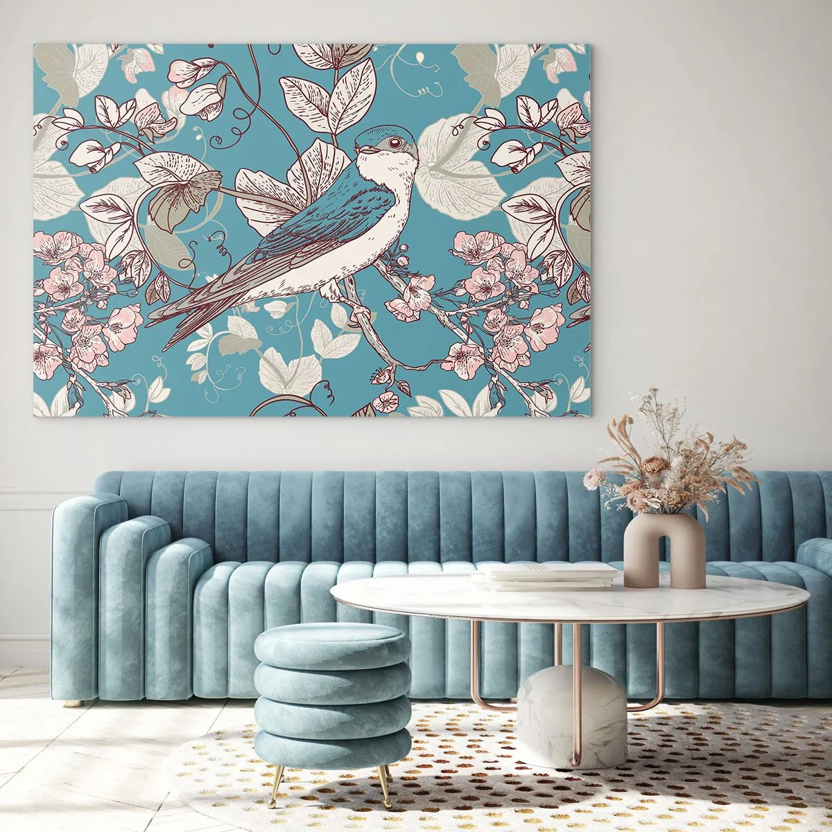 Glastavla - Bild på glas - En fågel på en gren bland blommor på en turkos bakgrund - 70x50cm - Japansk svala - Modern väggdekoration för vardagsrum och sovrum ARTTOR