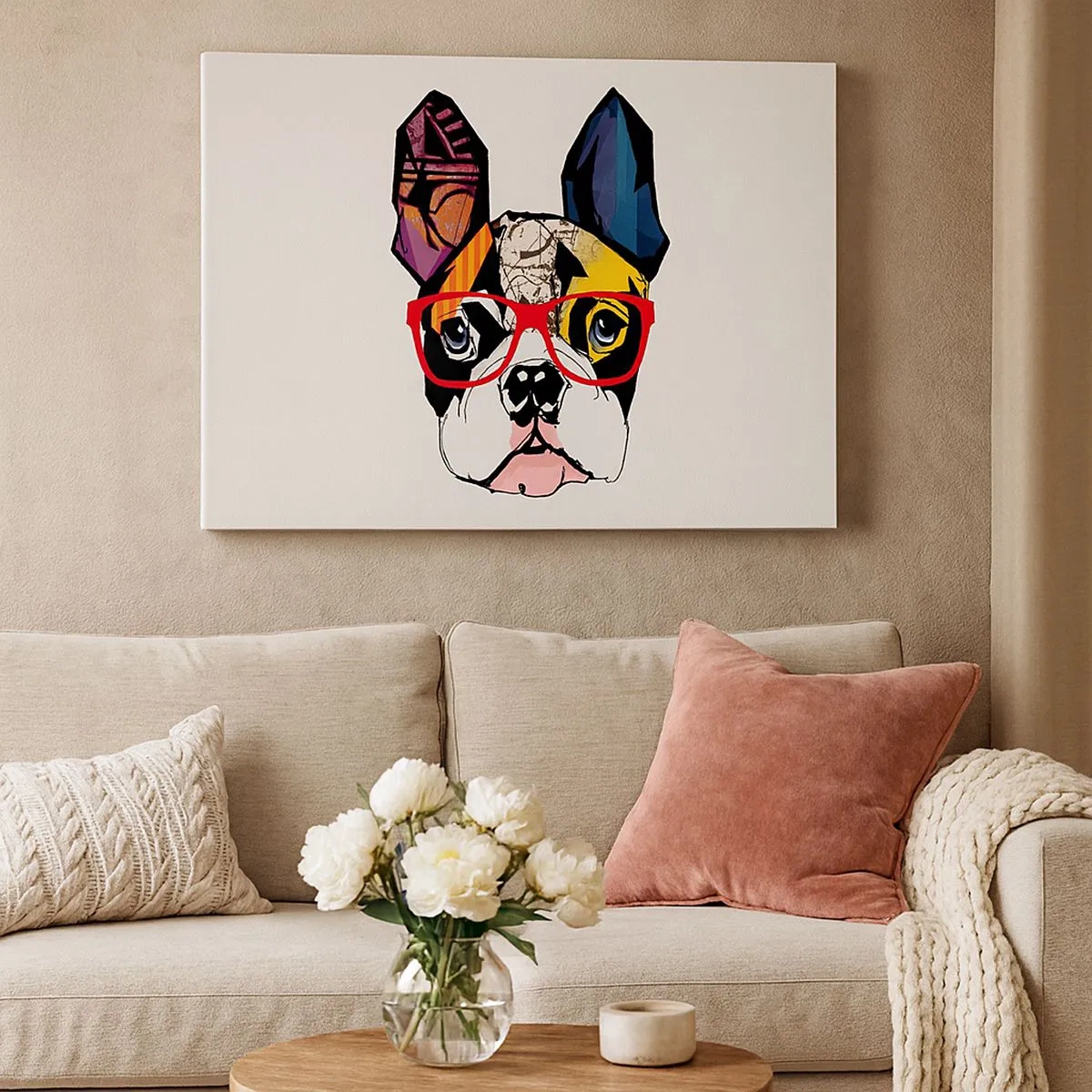 Canvastavla - Bild på duk - Bulldogg i en färgglad illustration med röda glasögon - 70x50cm - Intellektuell - Modern väggdekoration för vardagsrum och sovrum ARTTOR