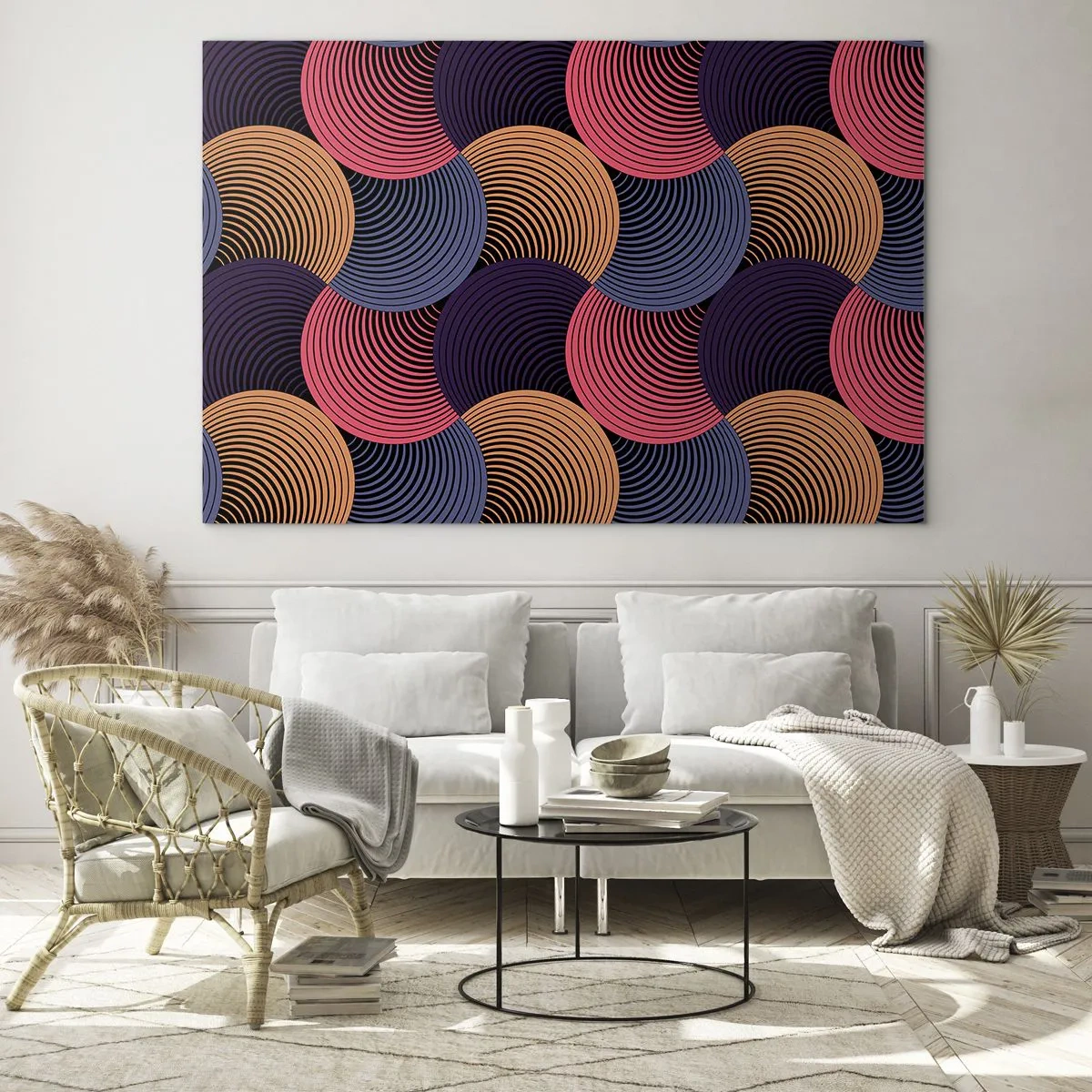 Glastavla - Bild på glas - Färgglada koncentriska cirklar som bildar ett geometriskt mönster - 70x50cm - I en cirkulär rytm - Modern väggdekoration för vardagsrum och sovrum ARTTOR