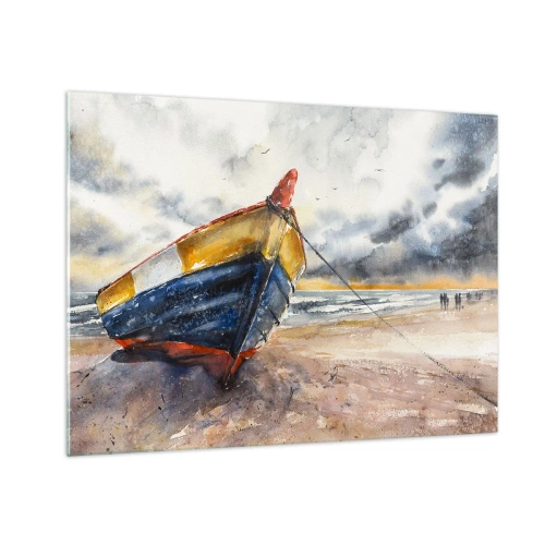 Glastavla - Bild på glas - En färgglad båt på stranden på en molnig dag - 70x50cm - Vila på stranden - Modern väggdekoration för vardagsrum och sovrum ARTTOR