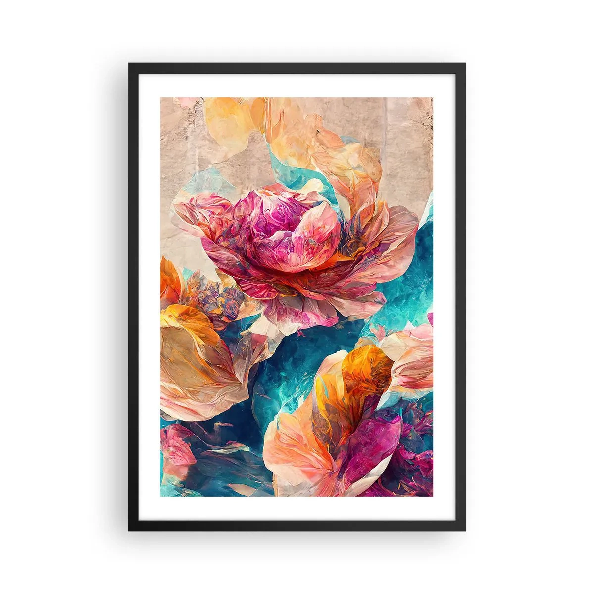 Affisch i svart ram - Abstrakta blommor i nyanser av rosa och turkos - 50x70cm - Den färgsprakande prakten hos en bukett - Modern väggdekoration för vardagsrum och sovrum ARTTOR