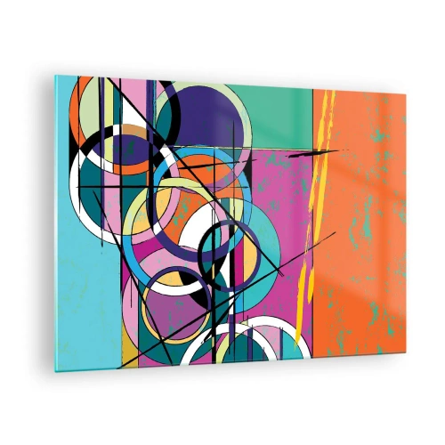 Glastavla - Bild på glas - Färgglad abstraktion med geometriska former och cirklar - 70x50cm - Hjul efter hjul - Modern väggdekoration för vardagsrum och sovrum ARTTOR